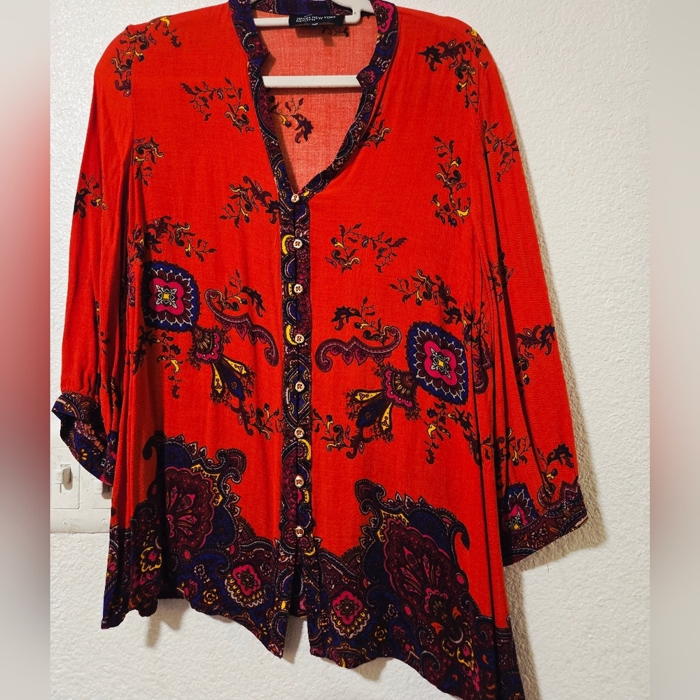 Jones New York Red Printed Button-Front Tunic